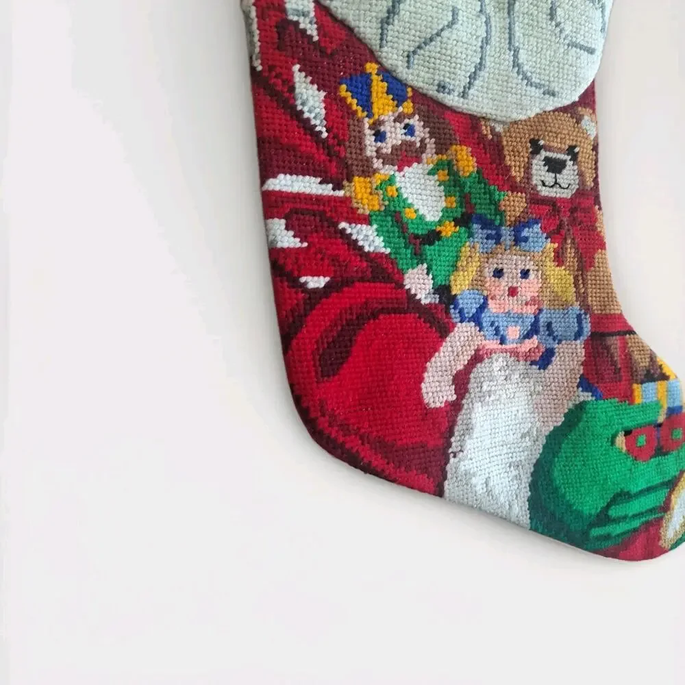 Needlepoint Christmas Stocking 3D Santa Claus Face Arms Holding Toys Vintage